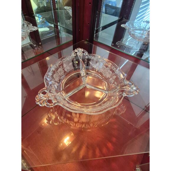 Rare Fostoria Midnight Rose 3 Part Relish Dish Etched Depression Glass Vtg 30s - Picture 3 of 7